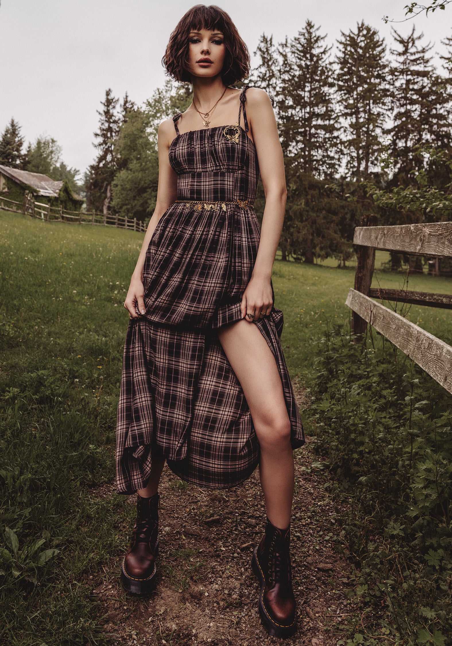 Adra Check Cami Tie Strap Midi Dress - Image 9