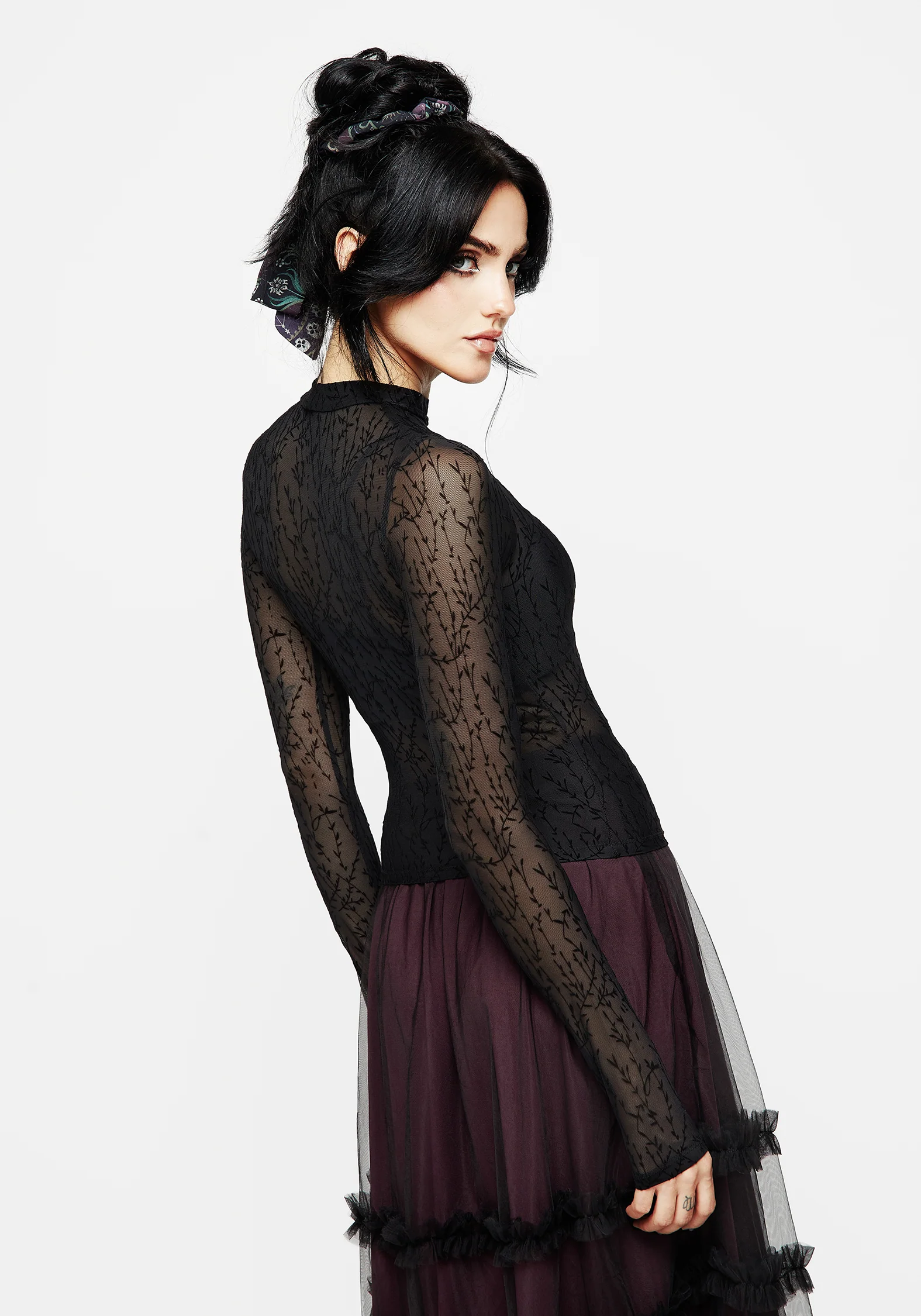 Bouquet Floral Flocked Velour Mesh Top - Image 3