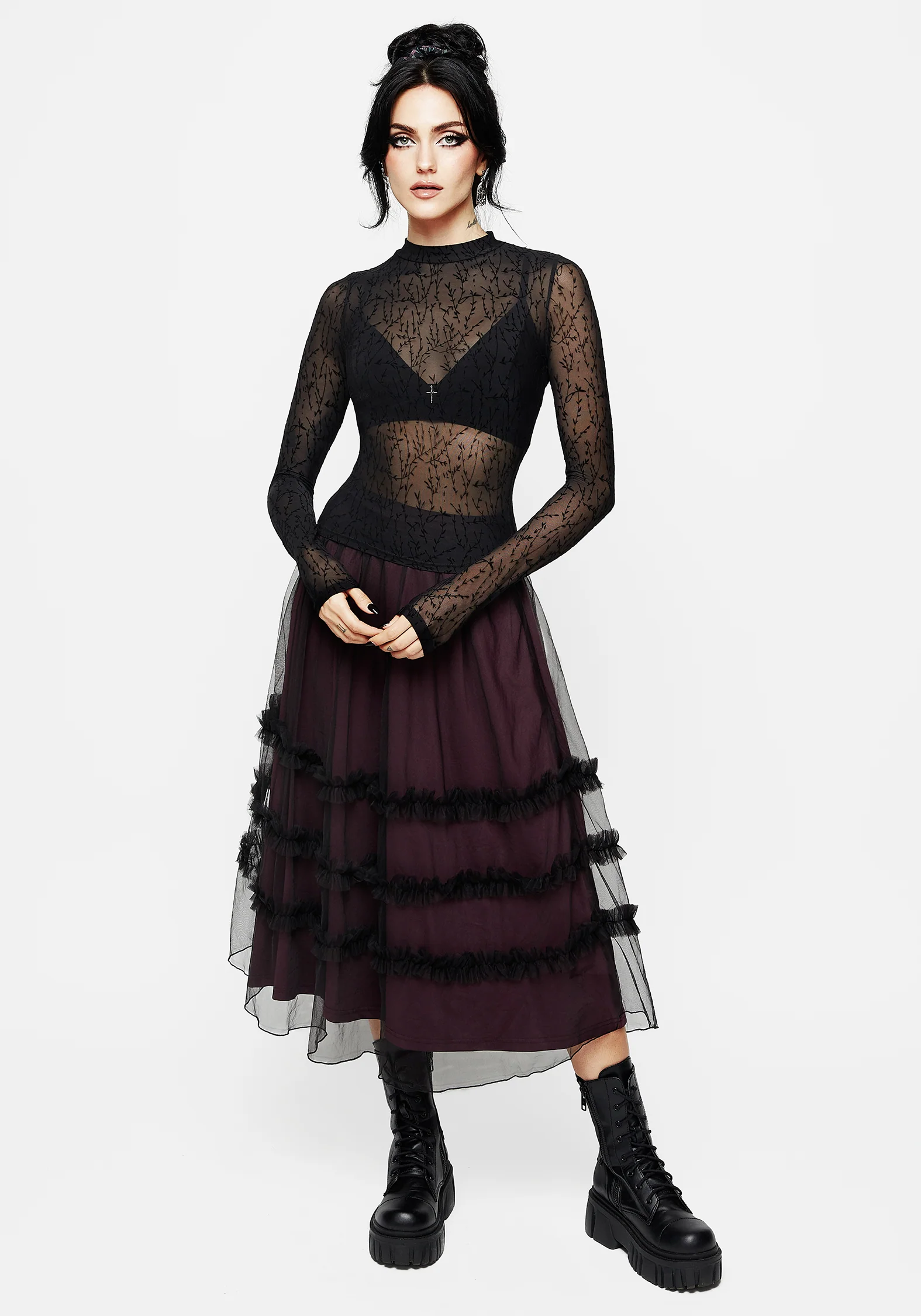 Bouquet Floral Flocked Velour Mesh Top - Image 4