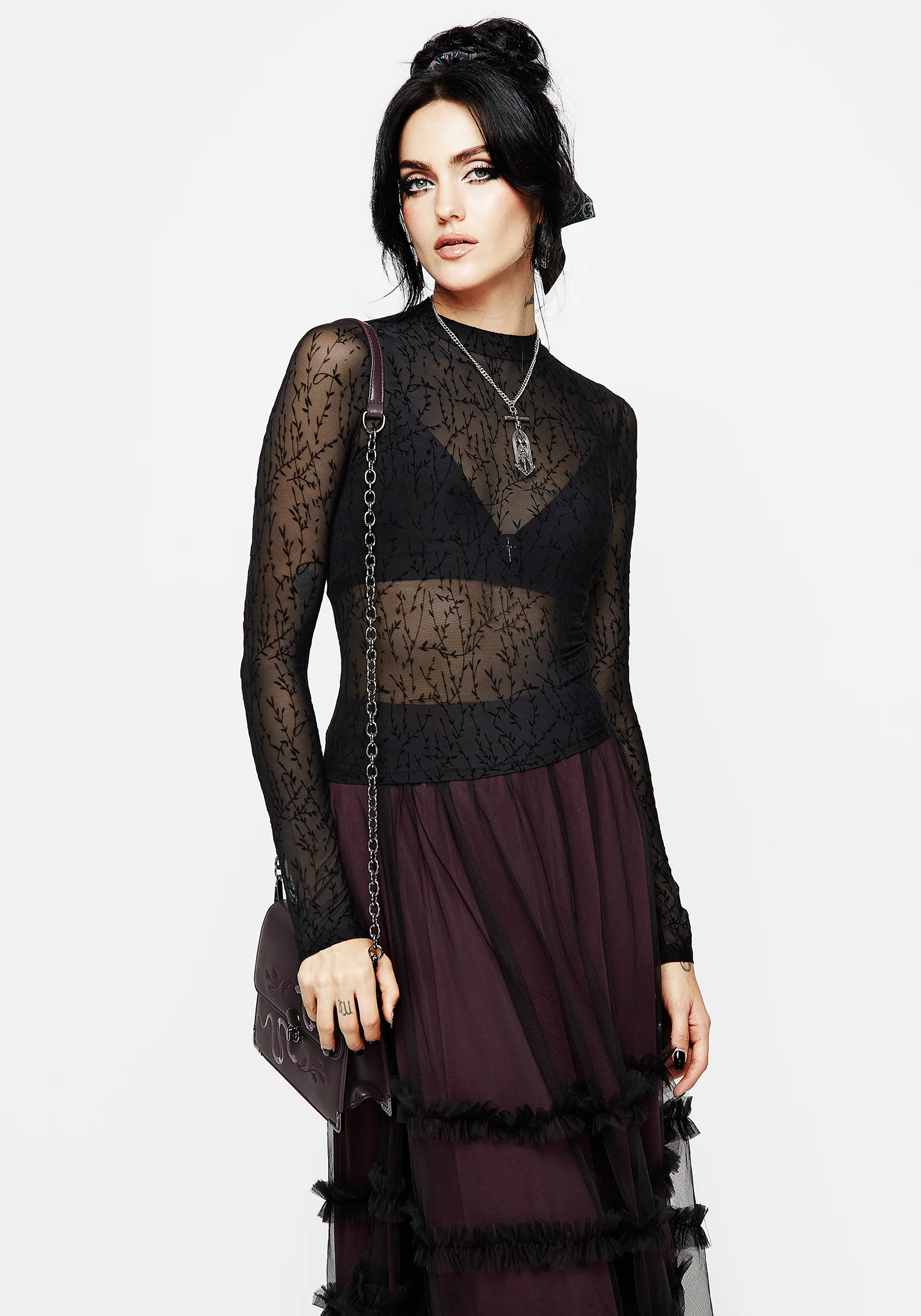 Bouquet Floral Flocked Velour Mesh Top - Image 5