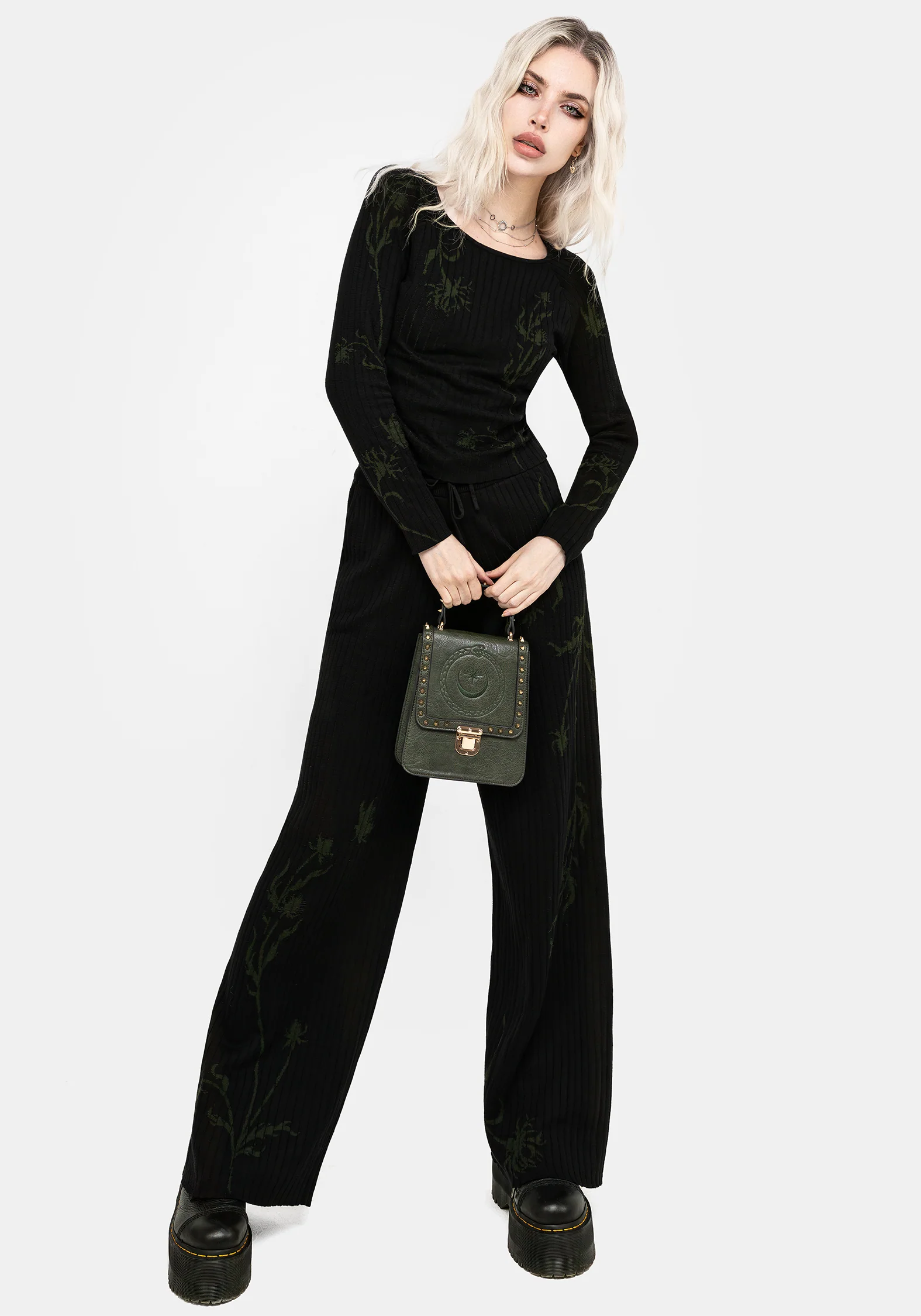 Diastella Floral Jacquard Rib Knit Raglan Sleeve Top - Black - Image 4