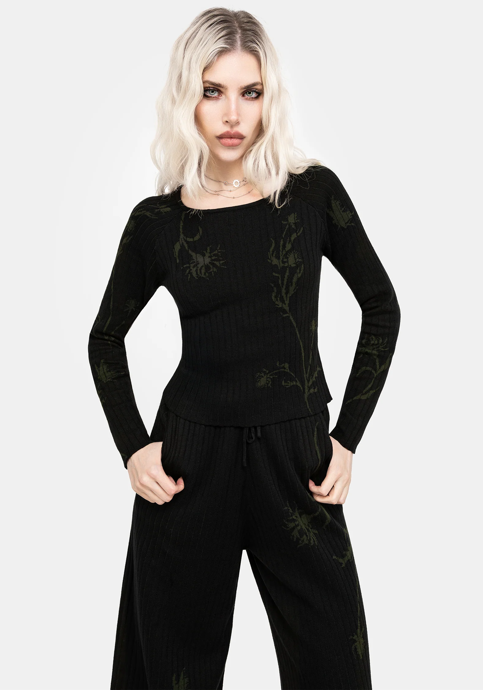 Diastella Floral Jacquard Rib Knit Raglan Sleeve Top - Black - Image 5