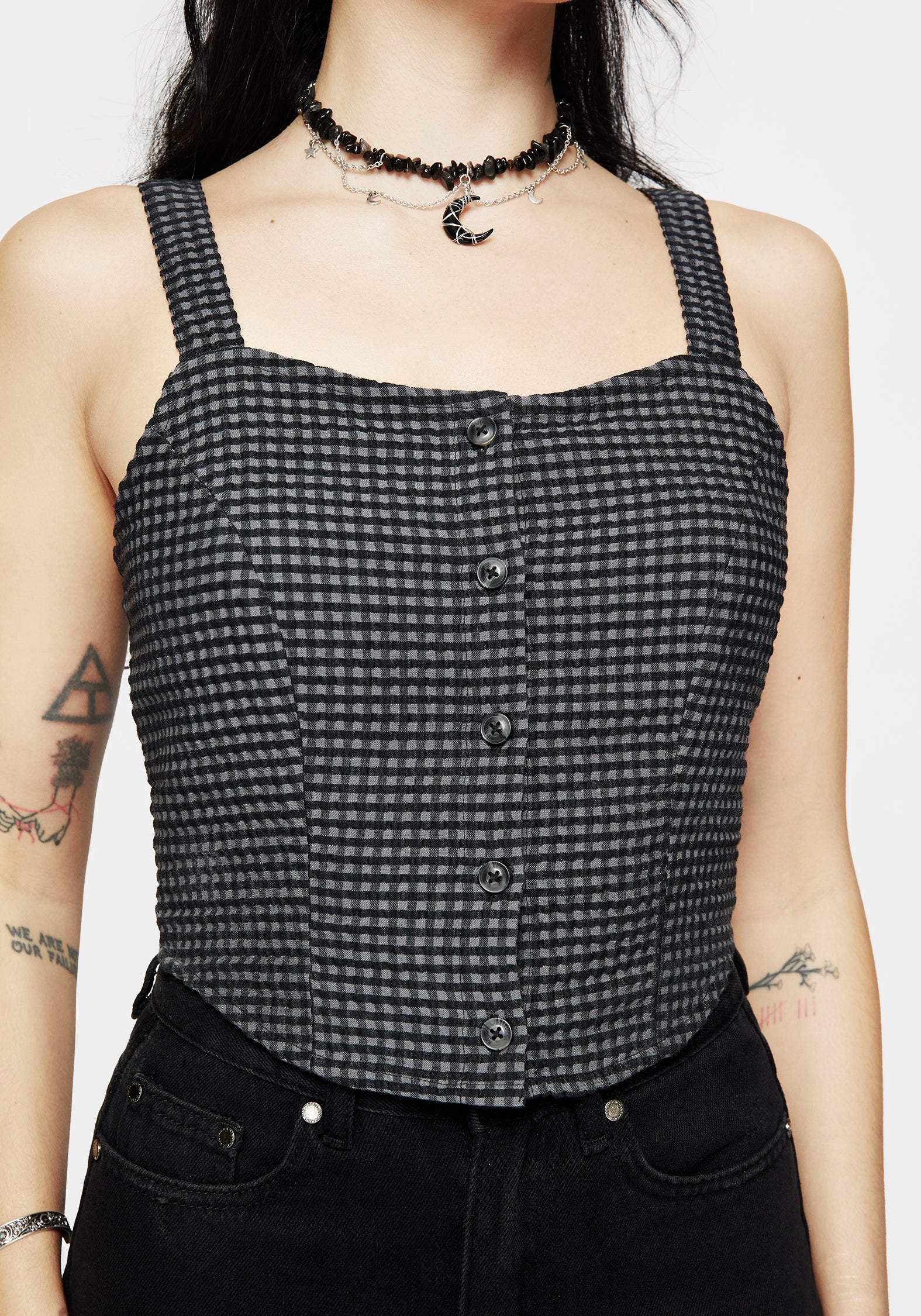 Faythe Cotton Check Button Up Cami Top - Image 5
