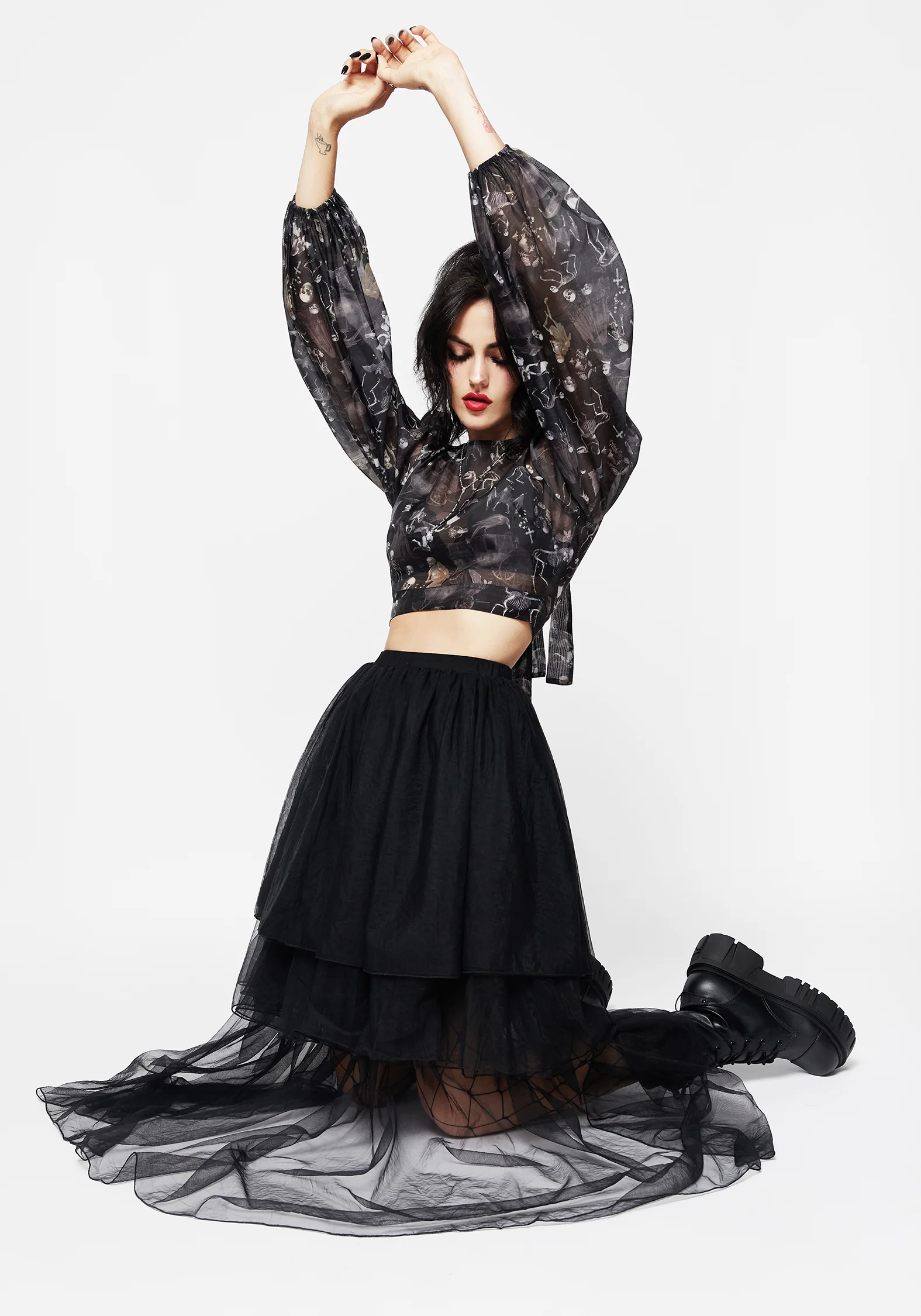 Melancholia Puff Sleeve Tie Back Organza Crop Top - Image 6