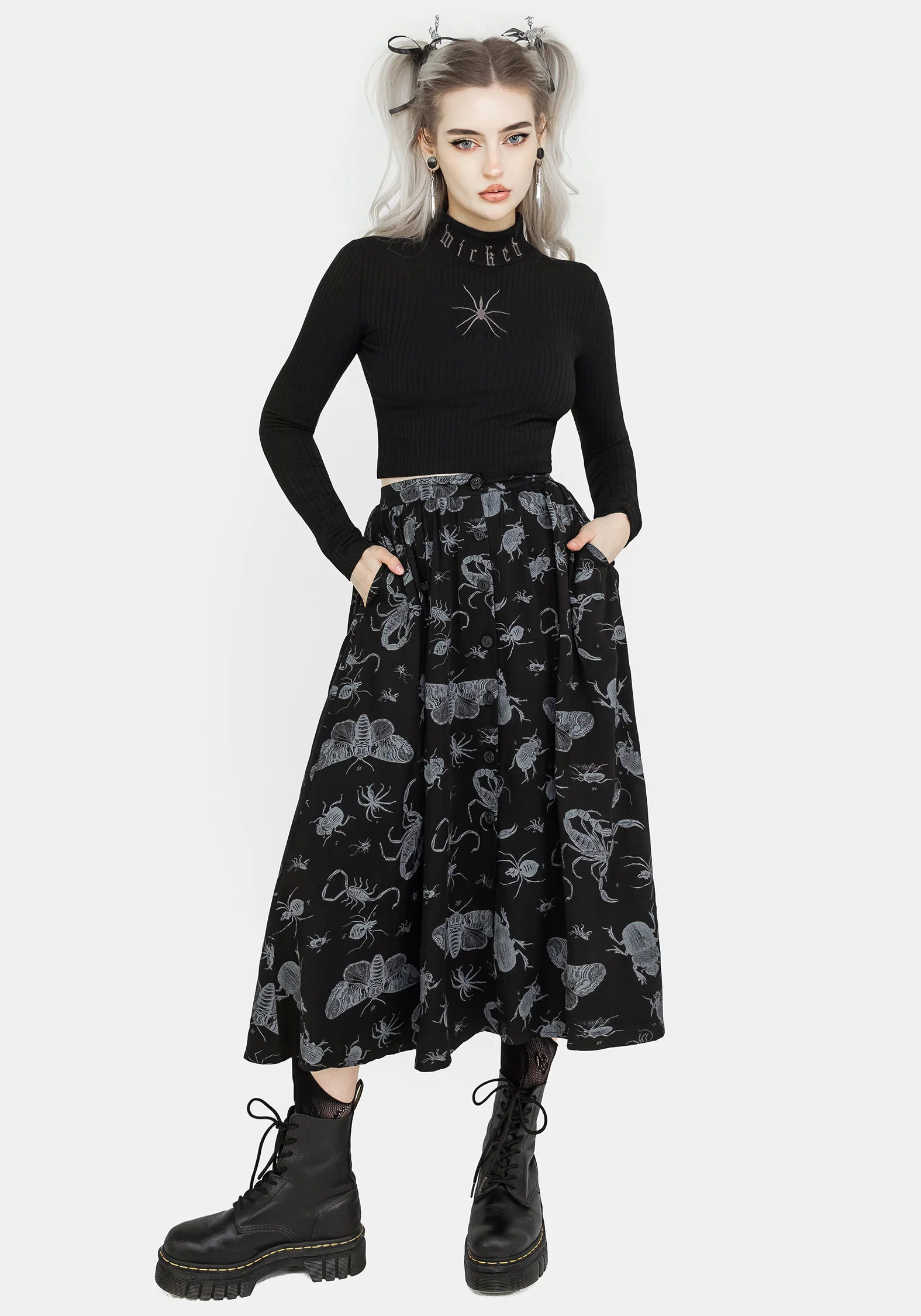 Parasite Bugs Button Front Midi Skirt - Black - Image 6