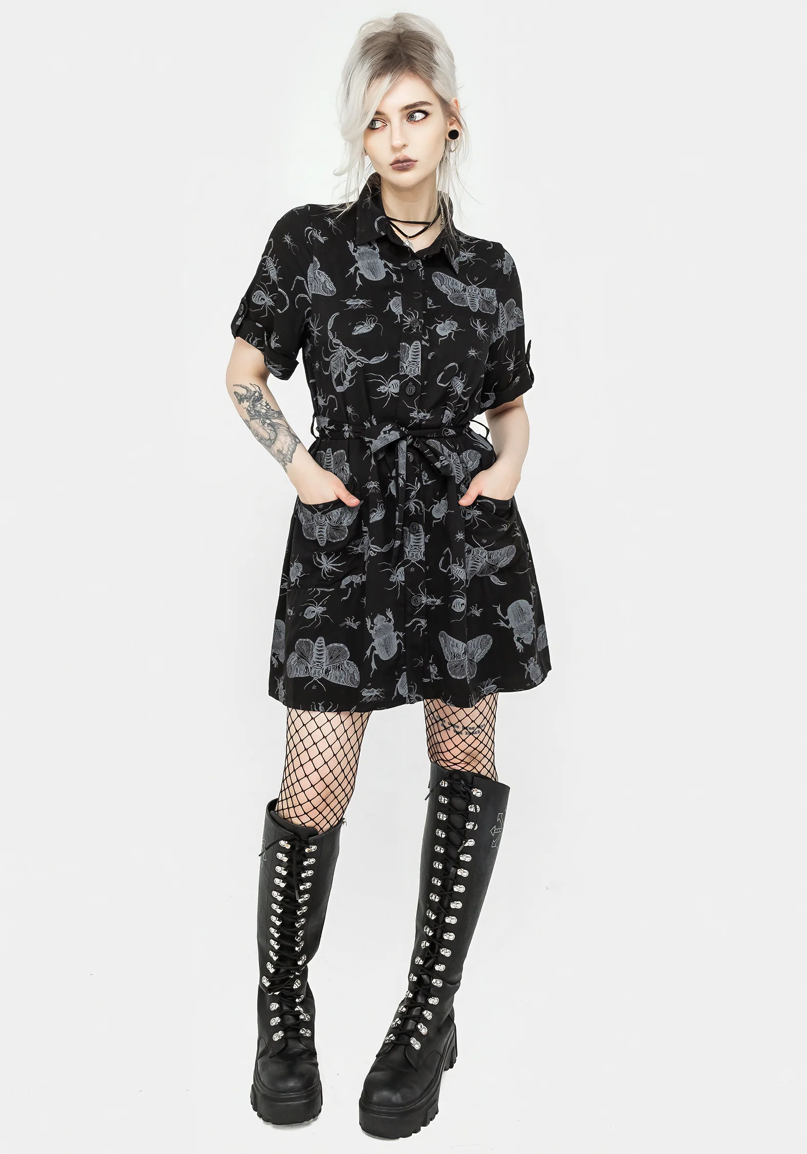 Parasite Bugs Short Sleeve Mini Shirt Dress - Black - Image 6