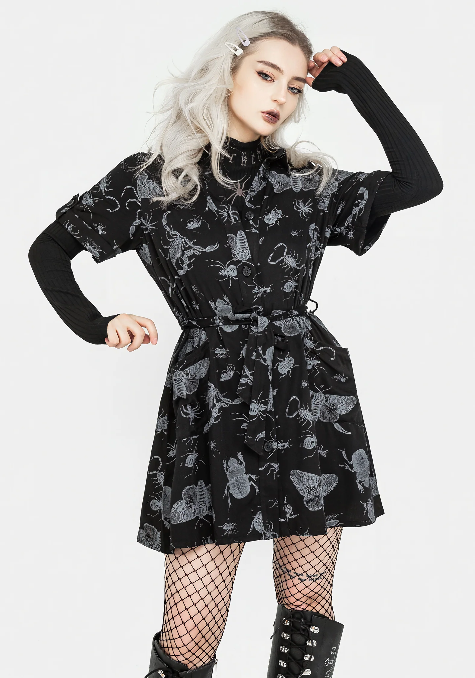 Parasite Bugs Short Sleeve Mini Shirt Dress - Black - Image 7