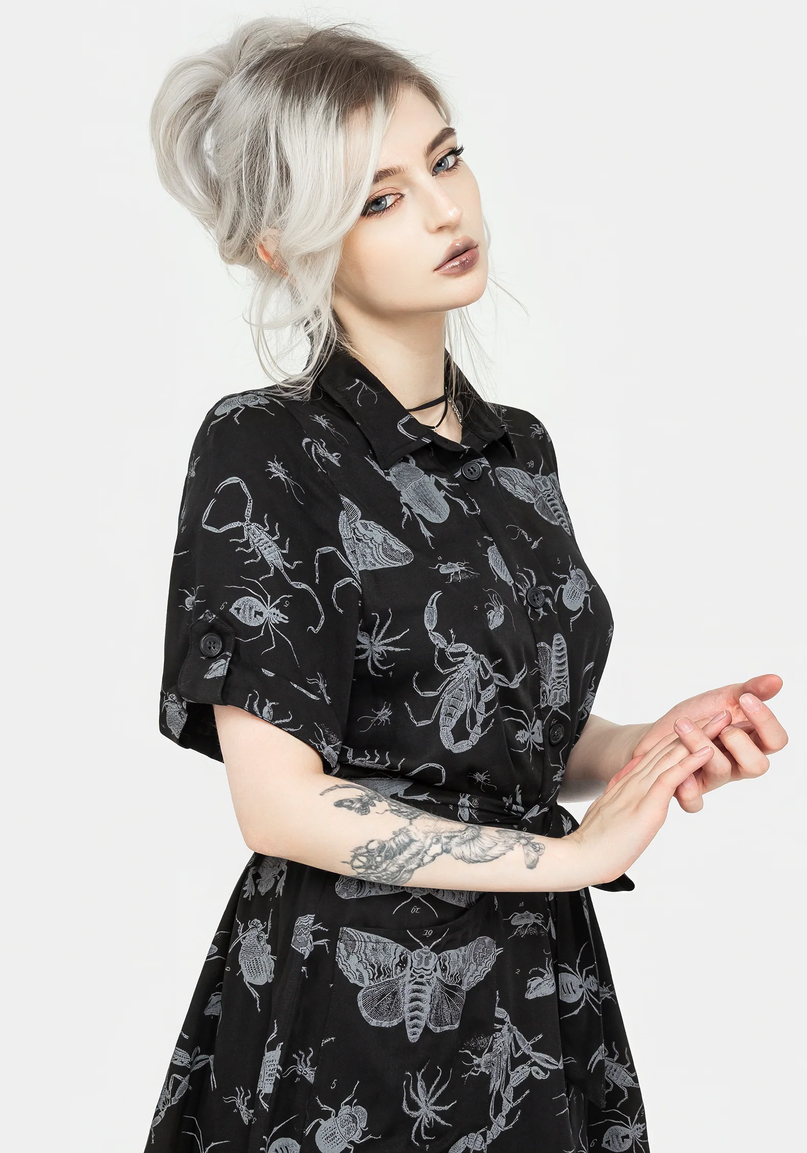 Parasite Bugs Short Sleeve Mini Shirt Dress - Black - Image 8