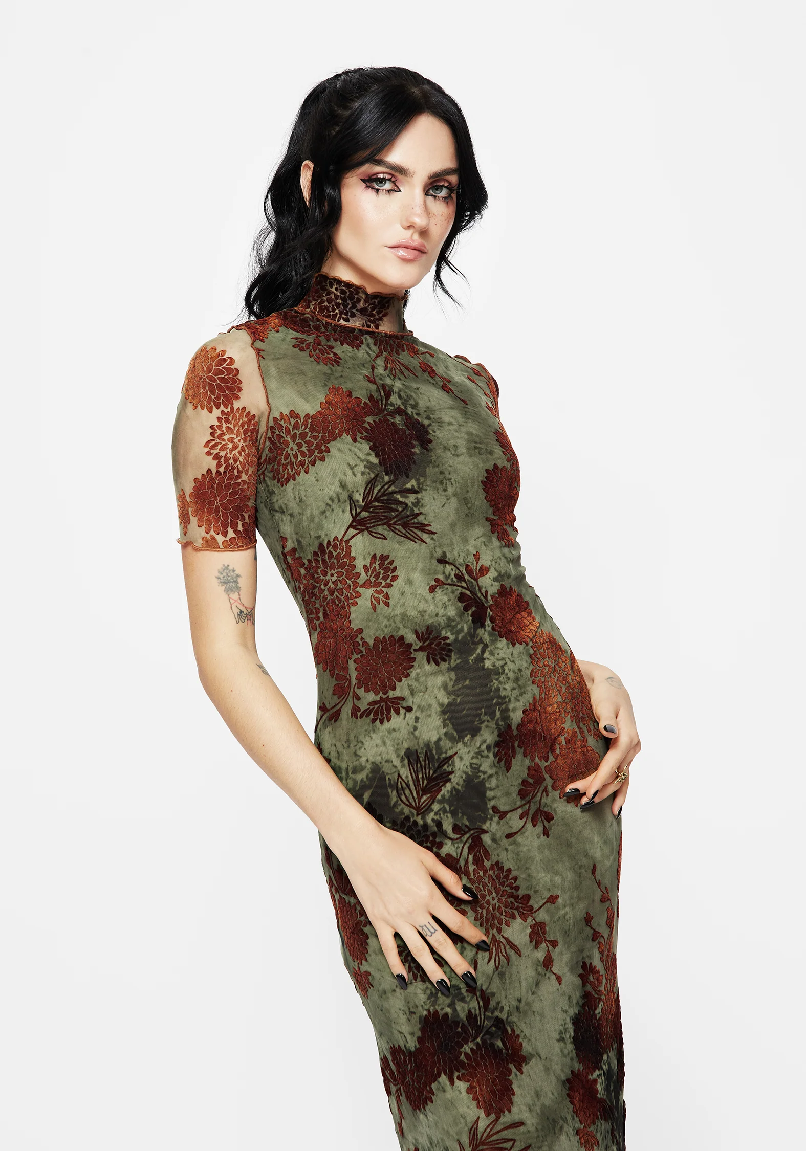 Rosaleigh Flock Velour Mesh Short Sleeved Midaxi Dress - Image 5