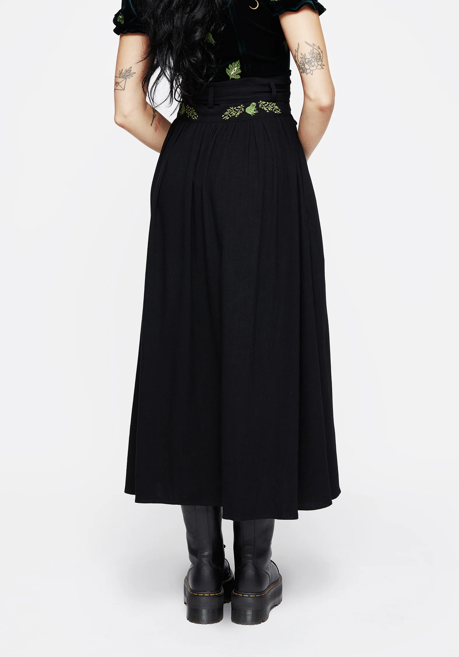 Swamplife Frog Embroidered Linen Blend High Waist Midaxi Skirt - Image 3