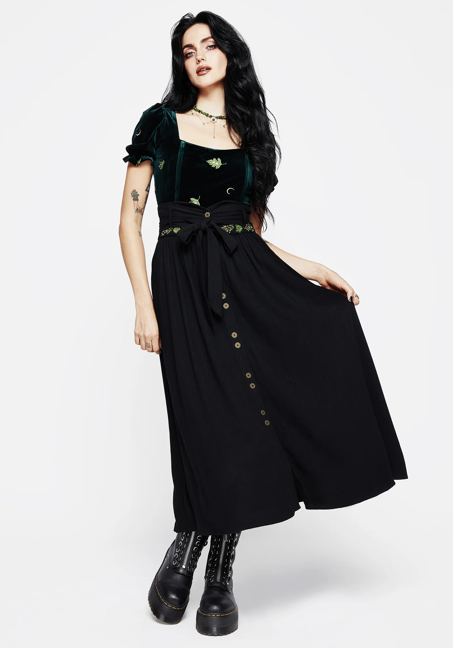 Swamplife Frog Embroidered Linen Blend High Waist Midaxi Skirt - Image 4